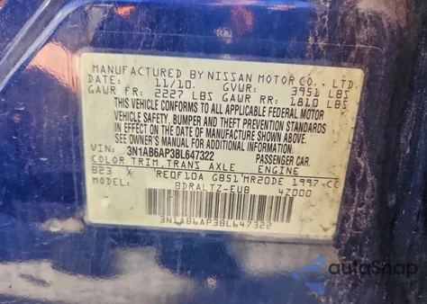 2011 Nissan Sentra 2.0 z USA, uszkodzony, nr VIN 3N1AB6AP3BL647322